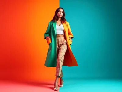 Fashionable Woman Posing In Color Block Coat