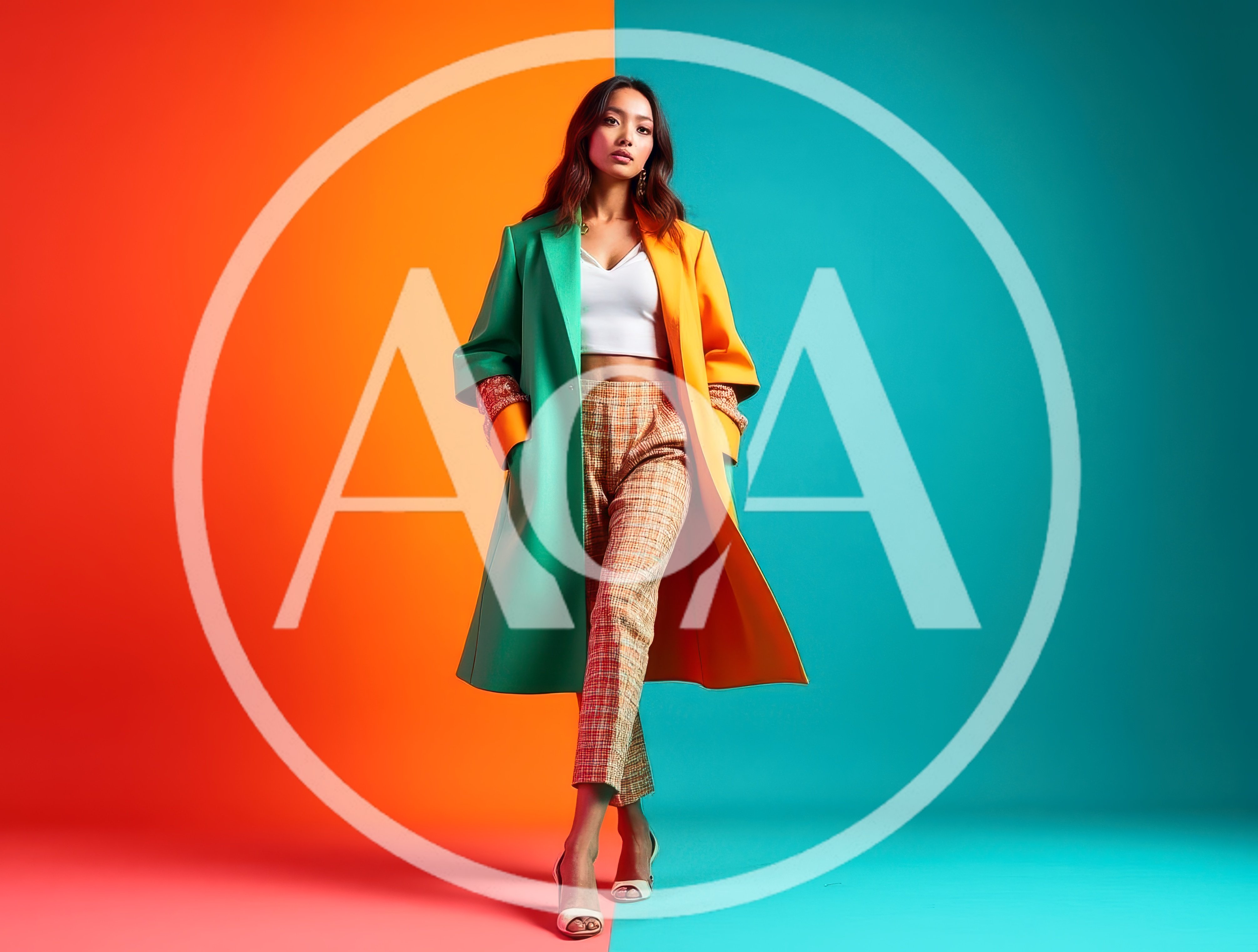 Fashionable Woman Posing In Color Block Coat