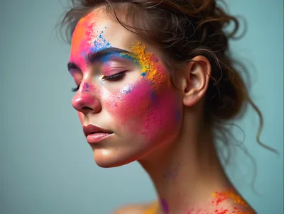Portrait Of A Woman With Colorful Holi Powder Makeup