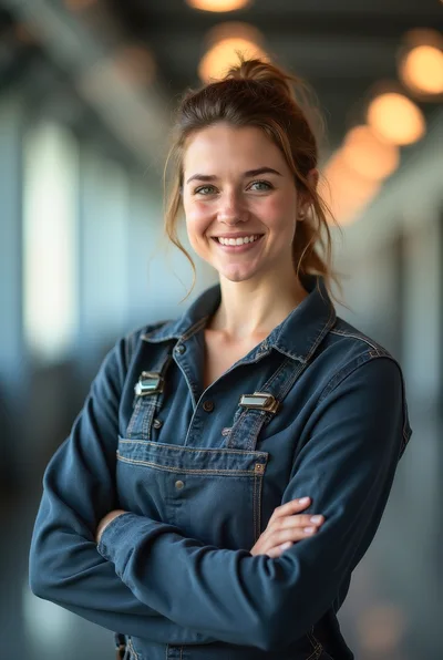 Smiling Young Woman Wearing Denim Overalls In Office Hallway