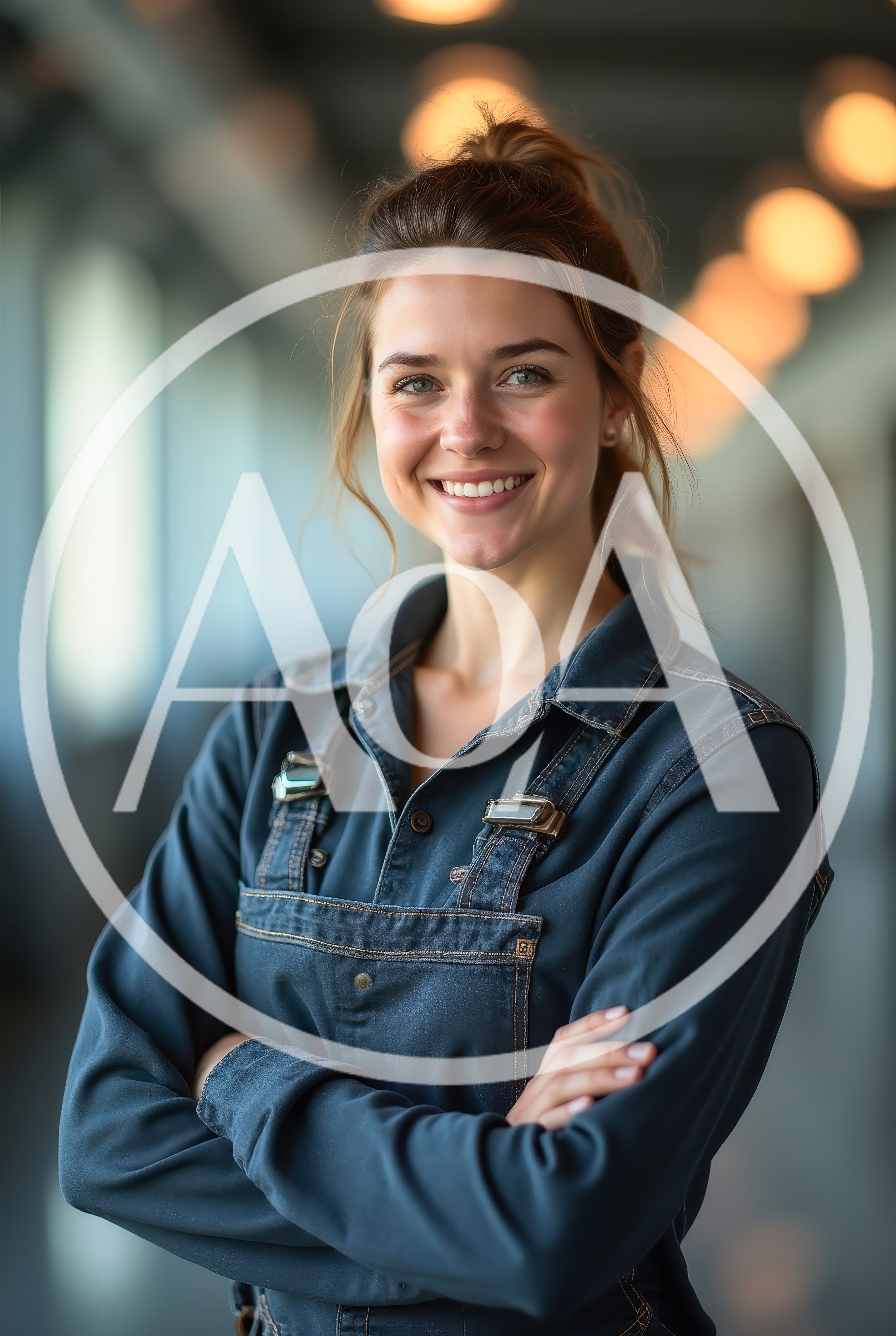 Smiling Young Woman Wearing Denim Overalls In Office Hallway