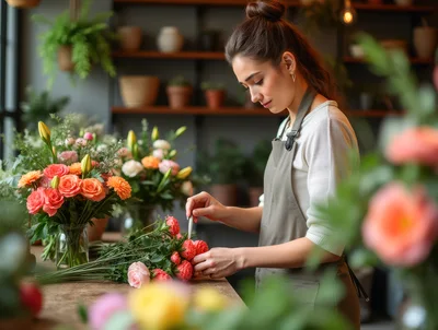 Professional Florist Arranging Flowers In A Boutique Shop