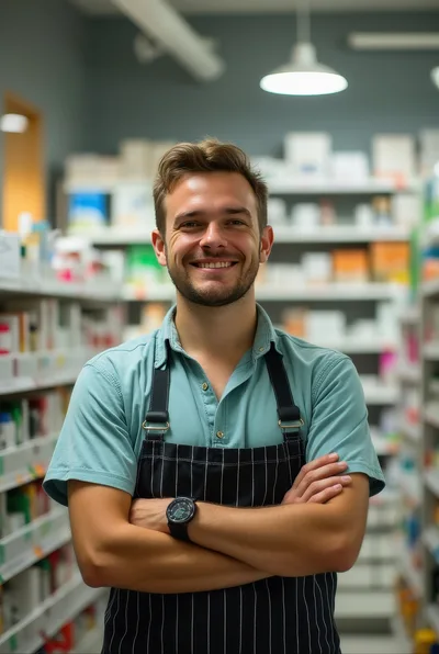 Smiling Male Pharmacist Standing In A Pharmacy