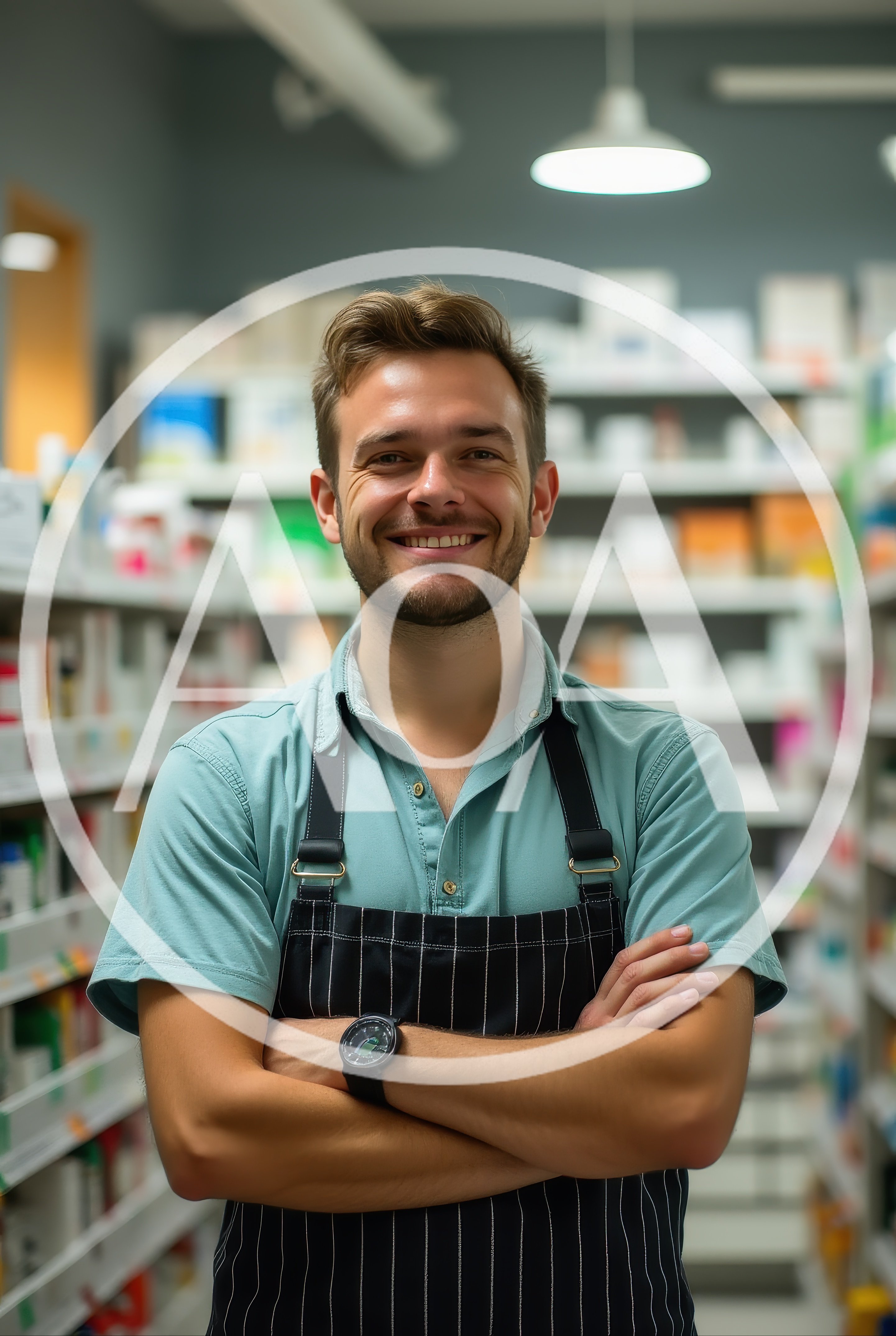 Smiling Male Pharmacist Standing In A Pharmacy