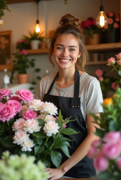Smiling Female Florist Arranging Flowers In A Shop