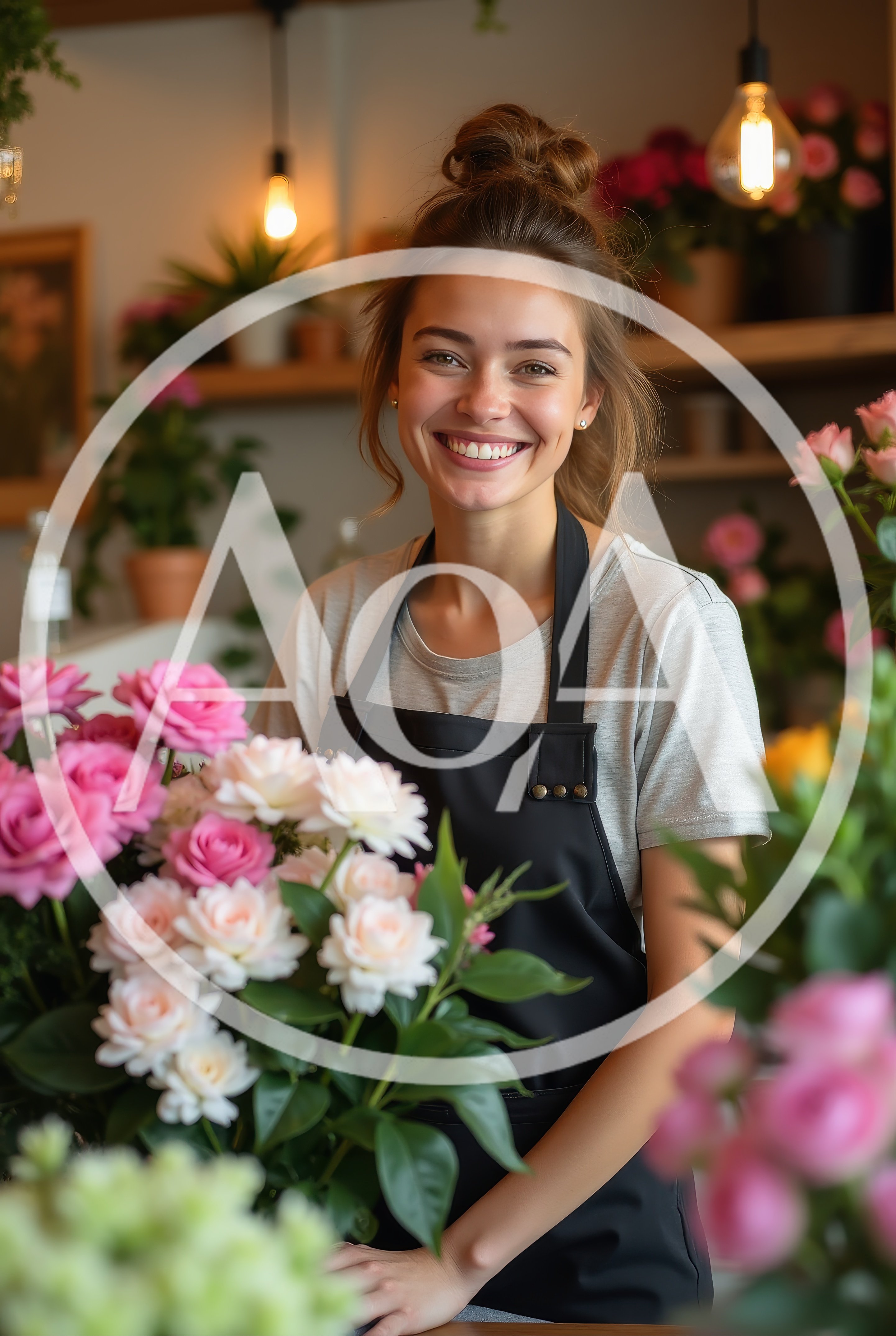 Smiling Female Florist Arranging Flowers In A Shop