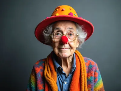 Portrait Of An Elderly Woman Wearing A Clown Nose