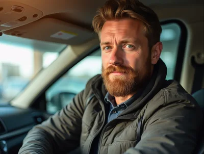 Portrait Of A Bearded Man Driving A Car