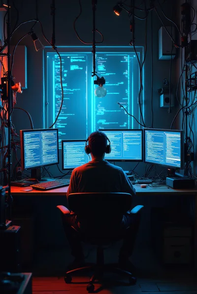 Hacker Working At Desk With Multiple Computer Monitors