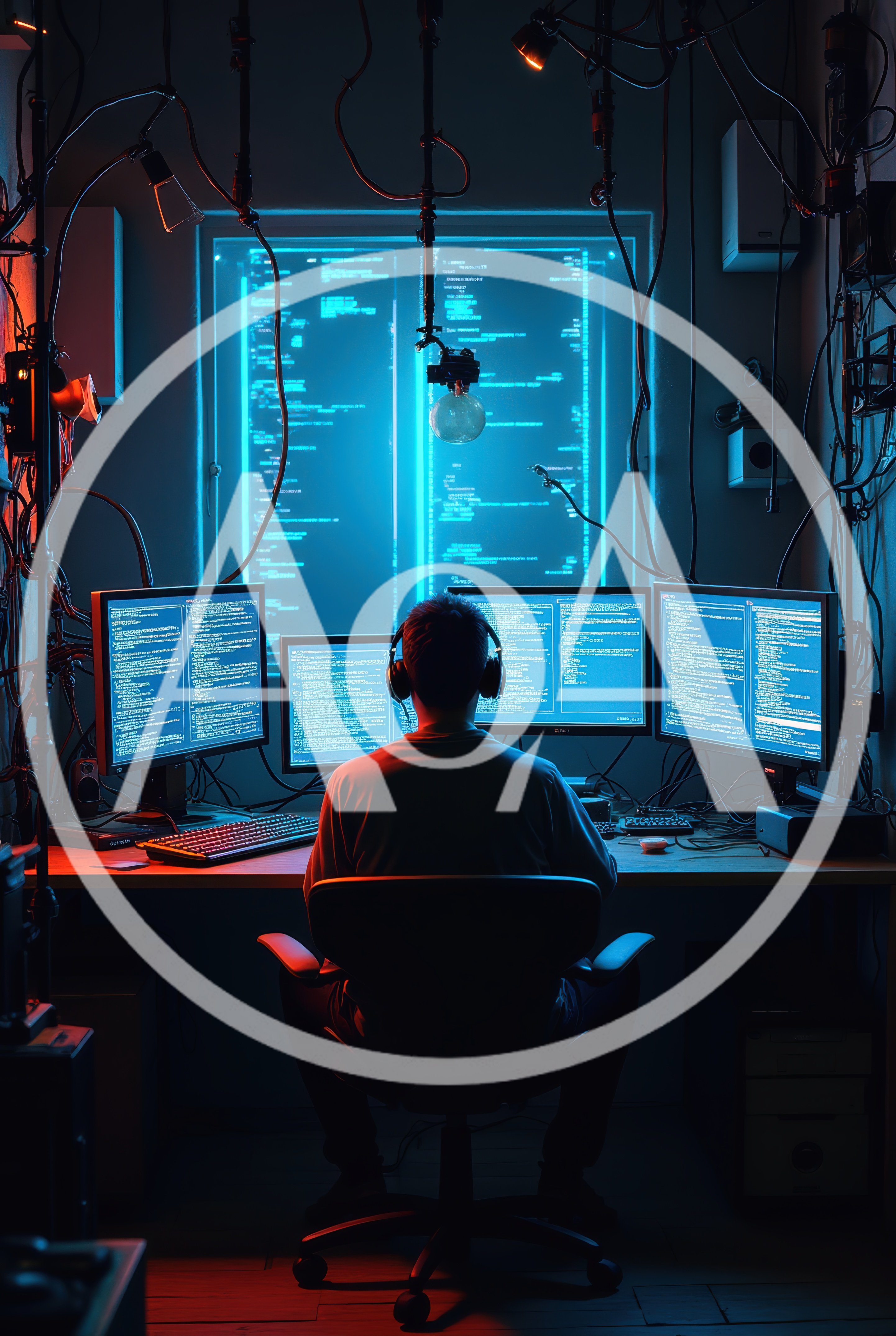 Hacker Working At Desk With Multiple Computer Monitors