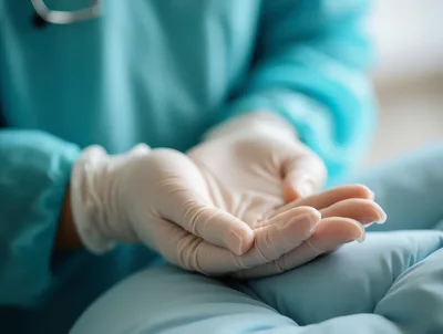 Medical Professional Wearing Sterile Gloves In Clinical Setting