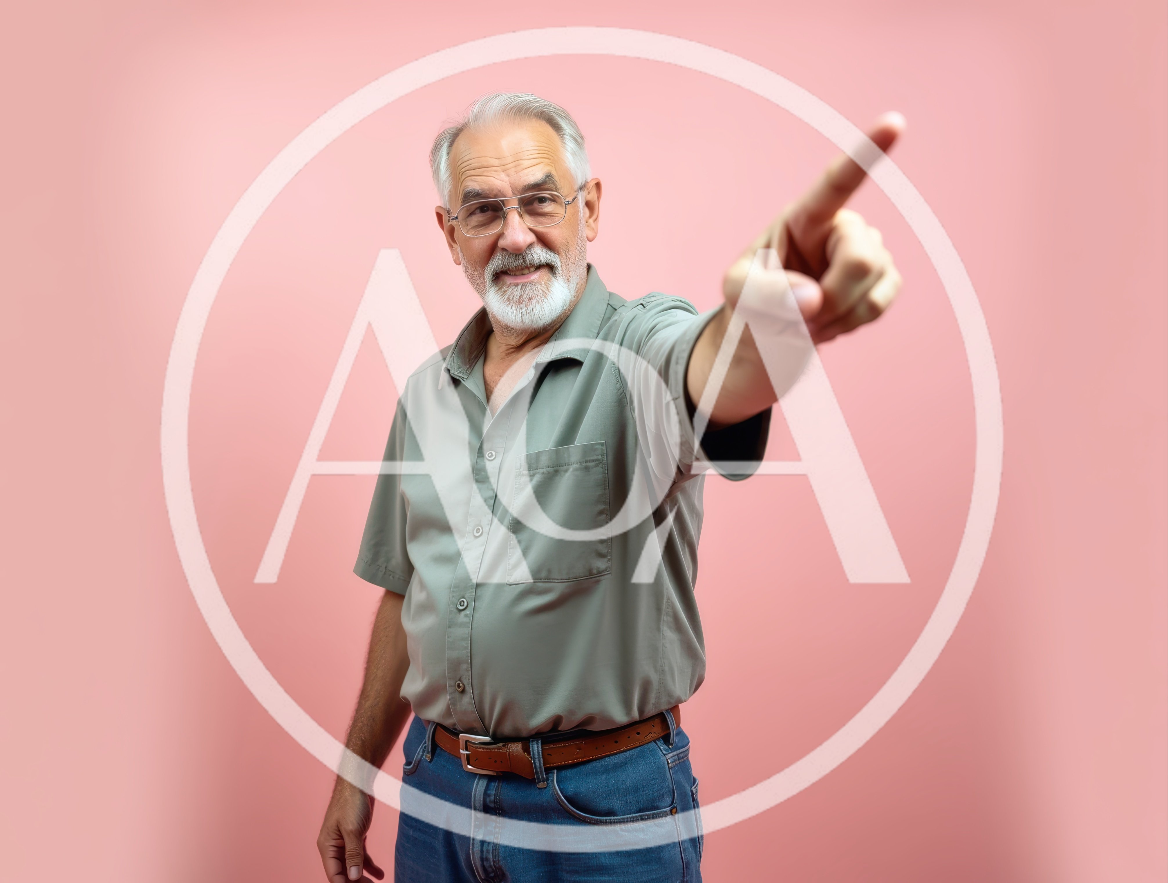 Senior Man Pointing Forward Against Pink Background
