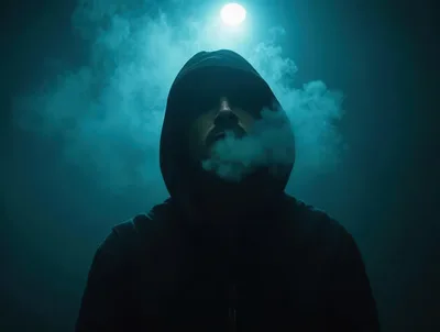 Man in Hood Exhaling Smoke Under Moonlight