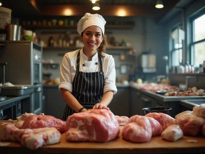 Female Butcher Preparing Raw Meat In Professional Kitchen