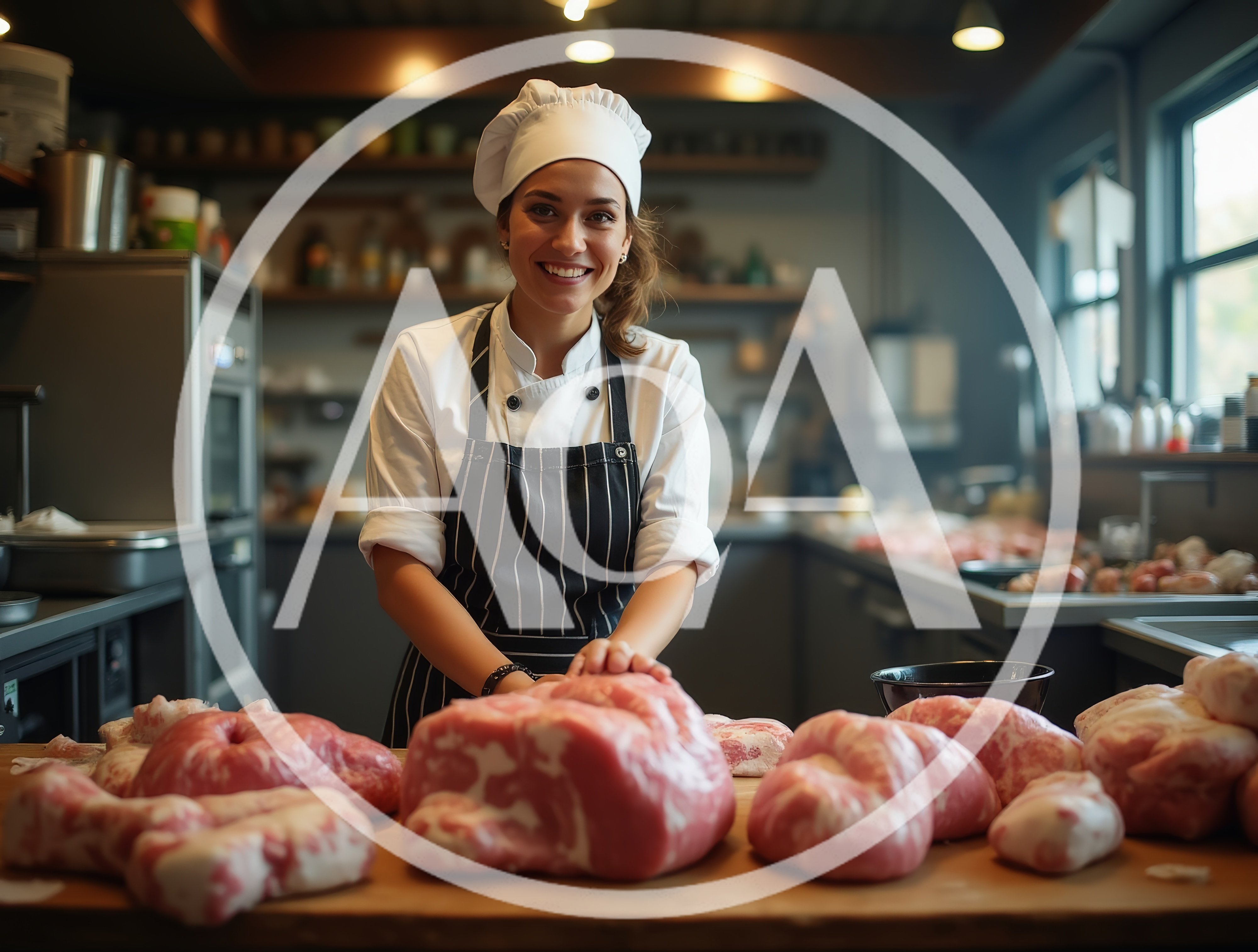 Female Butcher Preparing Raw Meat In Professional Kitchen