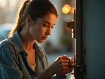 Young Woman Unlocking A Door At Sunset