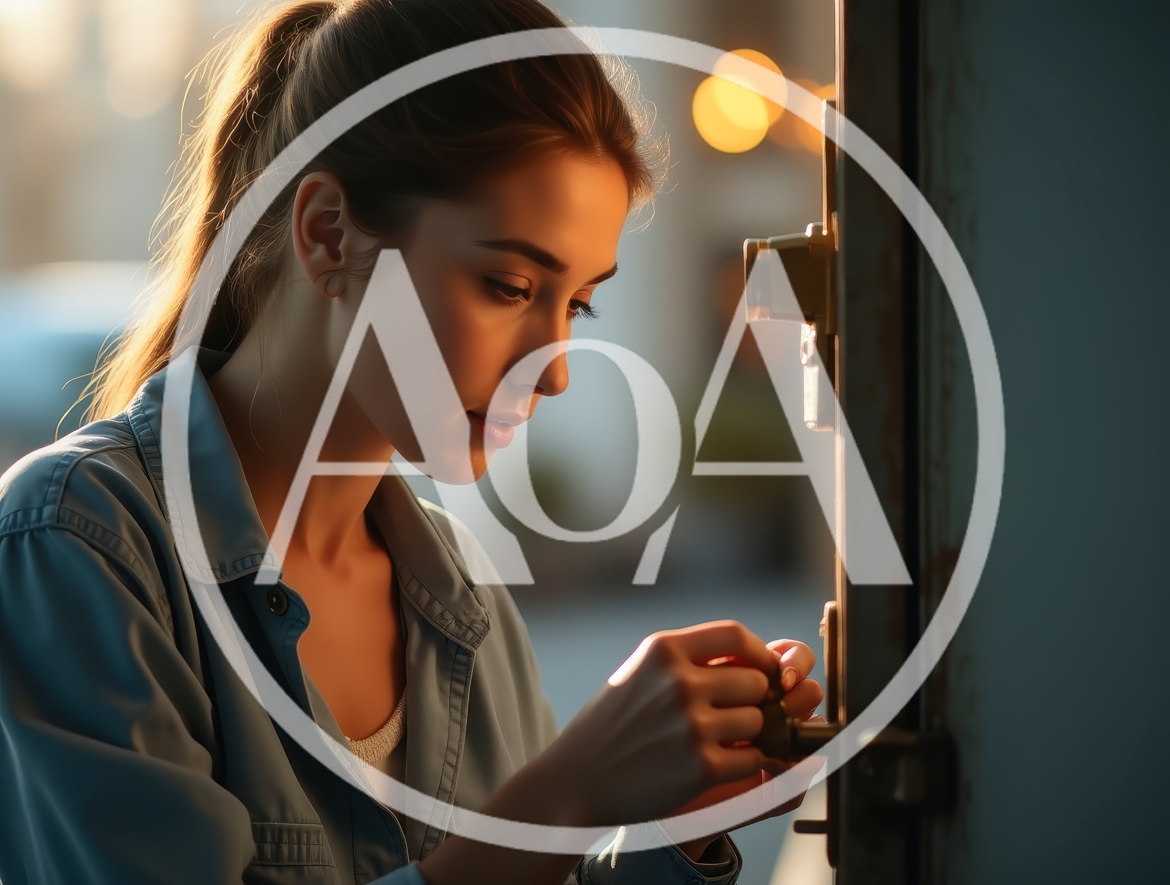 Young Woman Unlocking A Door At Sunset