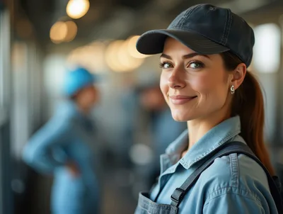 Smiling Female Worker Wearing Denim Overalls and Cap