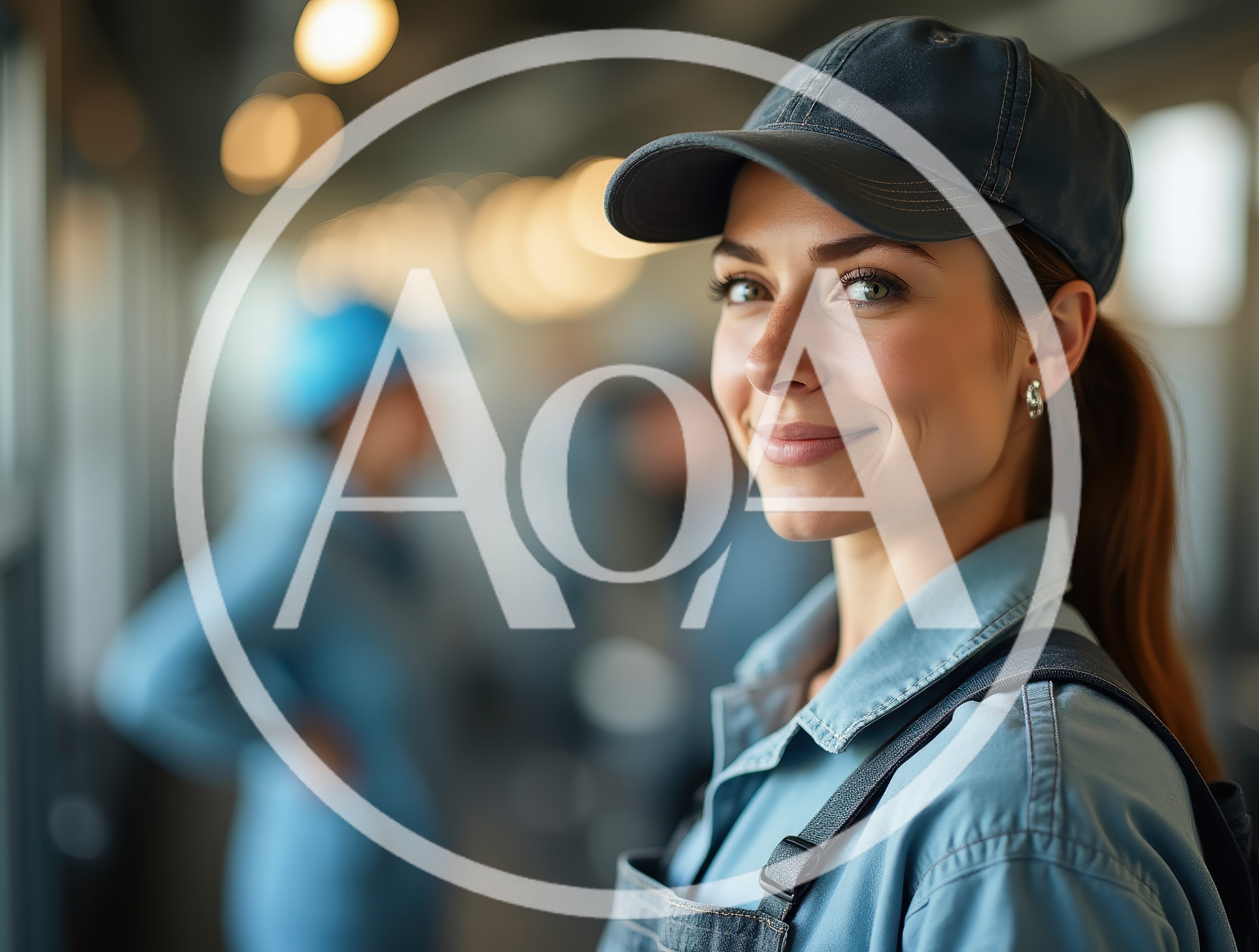 Smiling Female Worker Wearing Denim Overalls and Cap