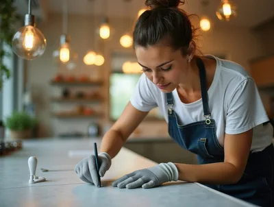 Woman Wearing Work Gloves Marking Countertop Surface