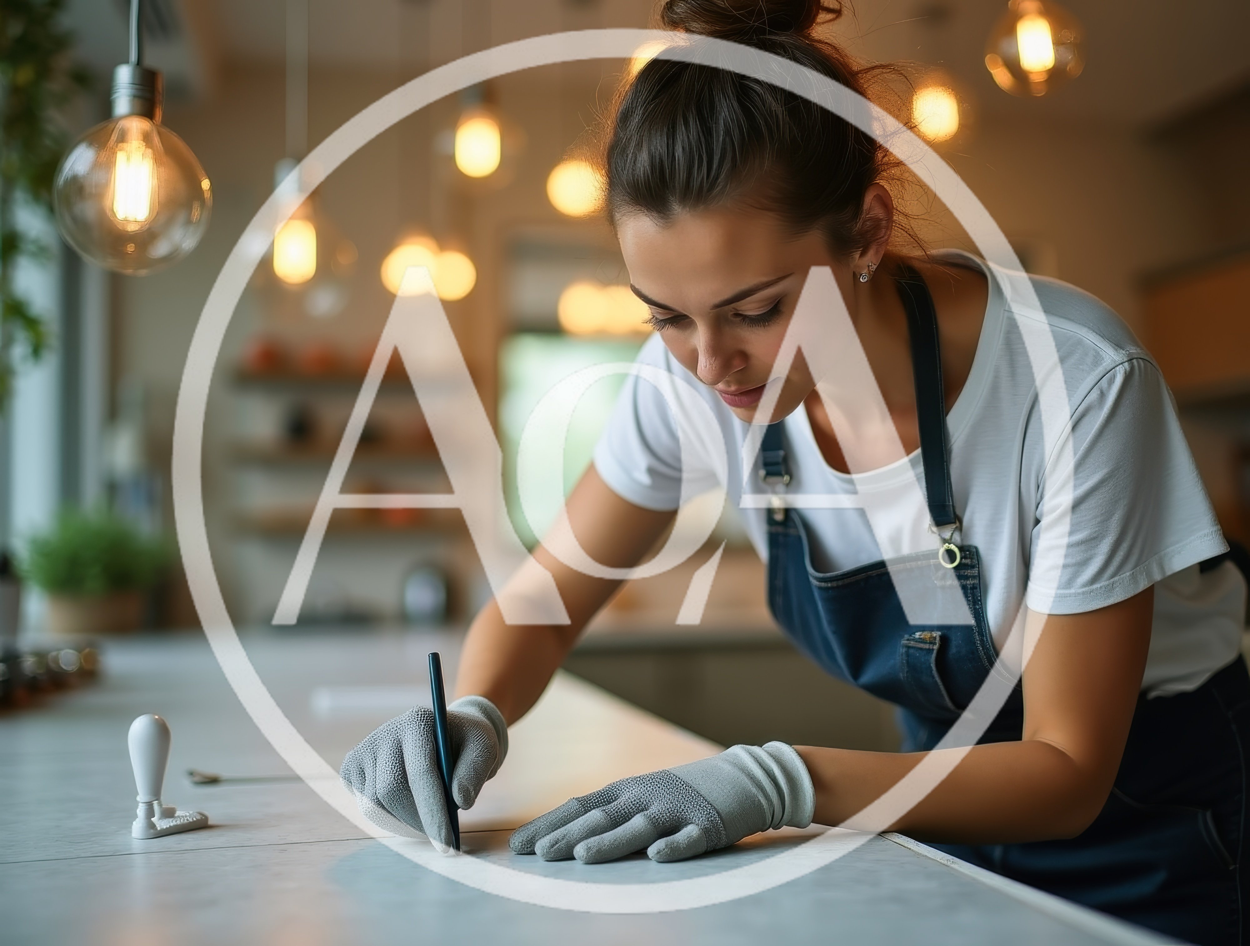 Woman Wearing Work Gloves Marking Countertop Surface