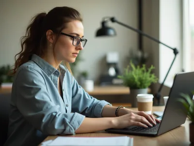 Young Woman Working On Laptop In Home Office