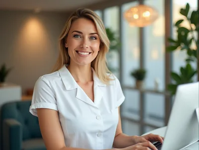 Professional Female Doctor Working On Laptop In Clinic