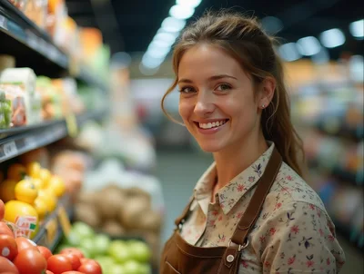 Smiling Female Grocery Store Clerk Working In Produce Aisle