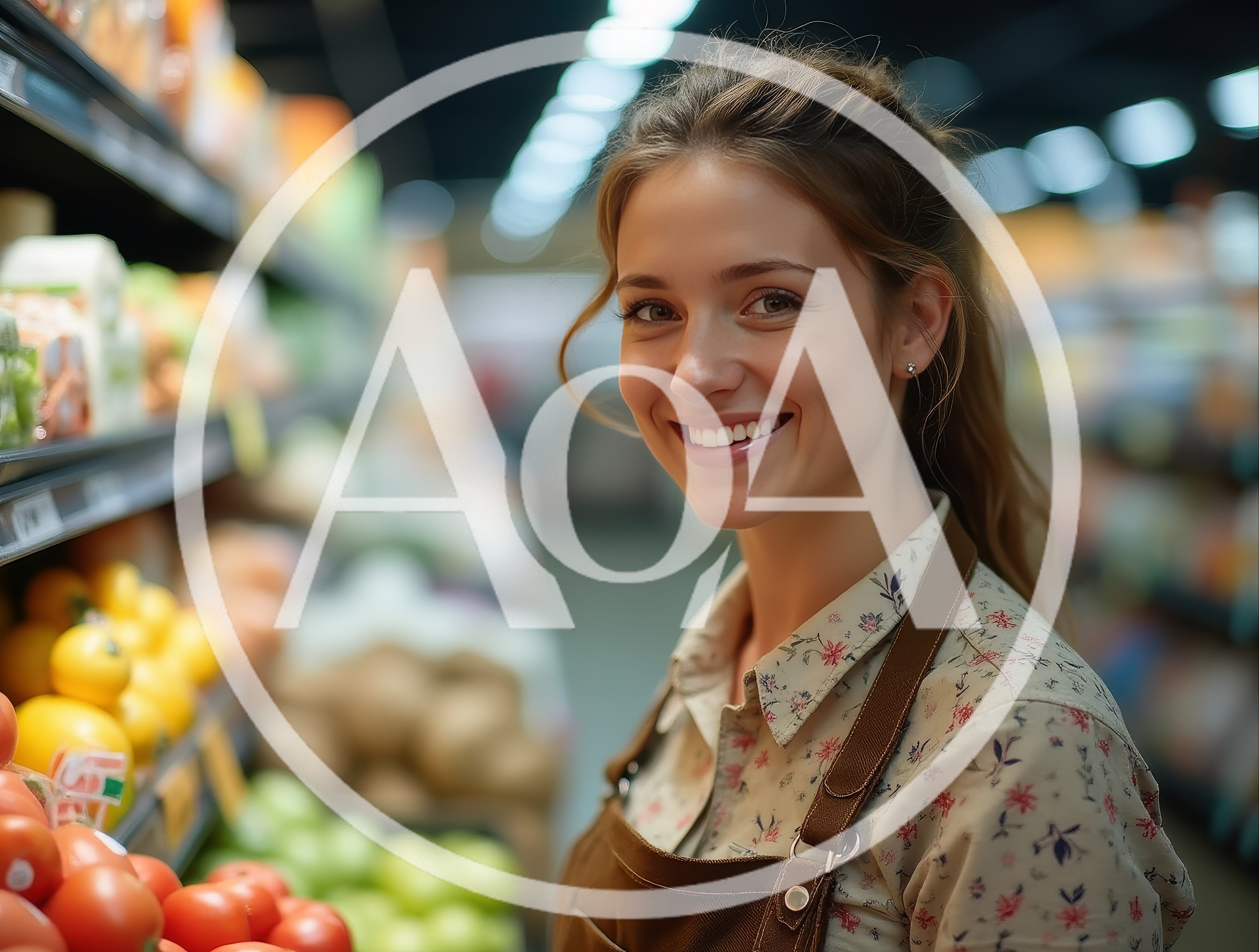 Smiling Female Grocery Store Clerk Working In Produce Aisle