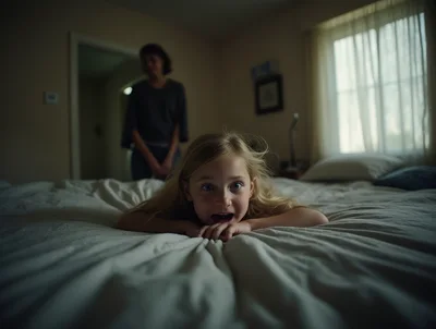 Frightened child on bed with concerned adult nearby