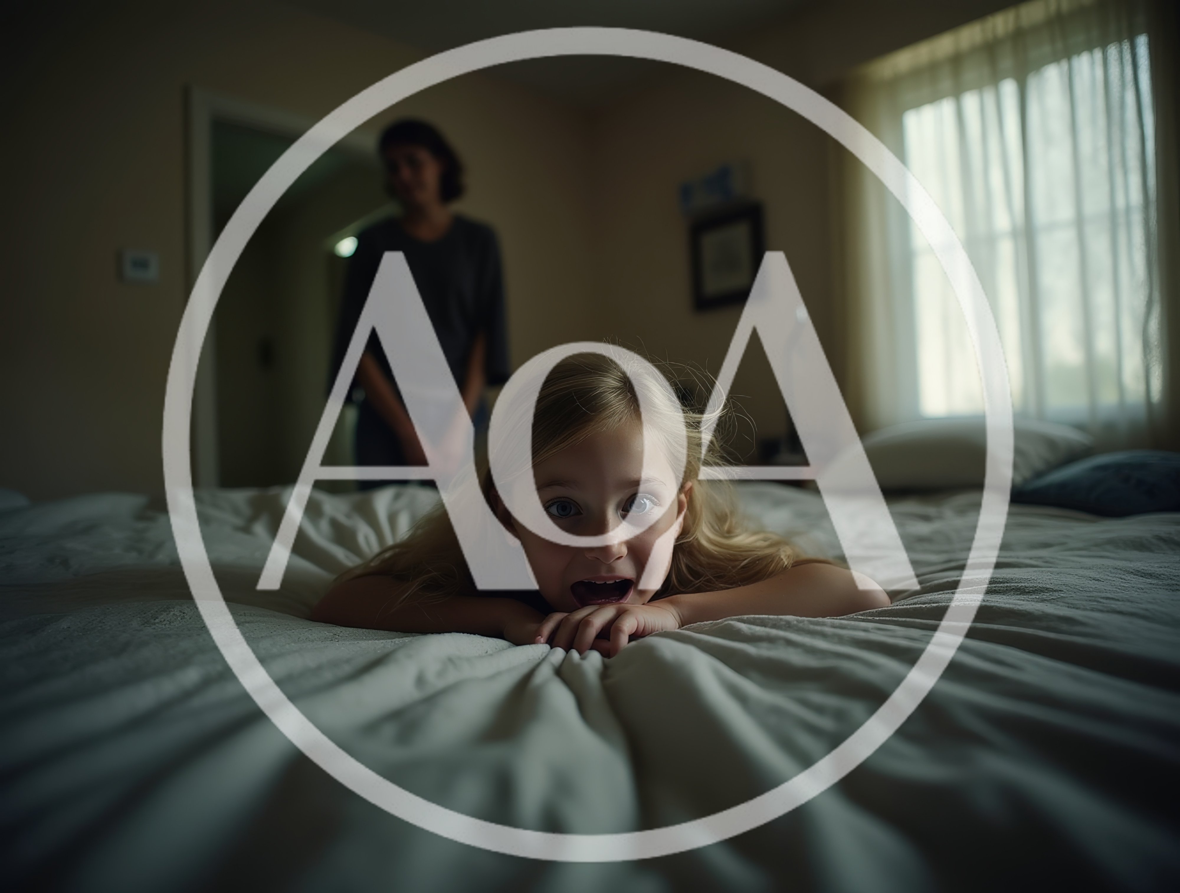 Frightened child on bed with concerned adult nearby