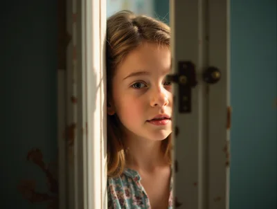 Curious child peeking through doorway in sunlight: childhood wonder and exploration