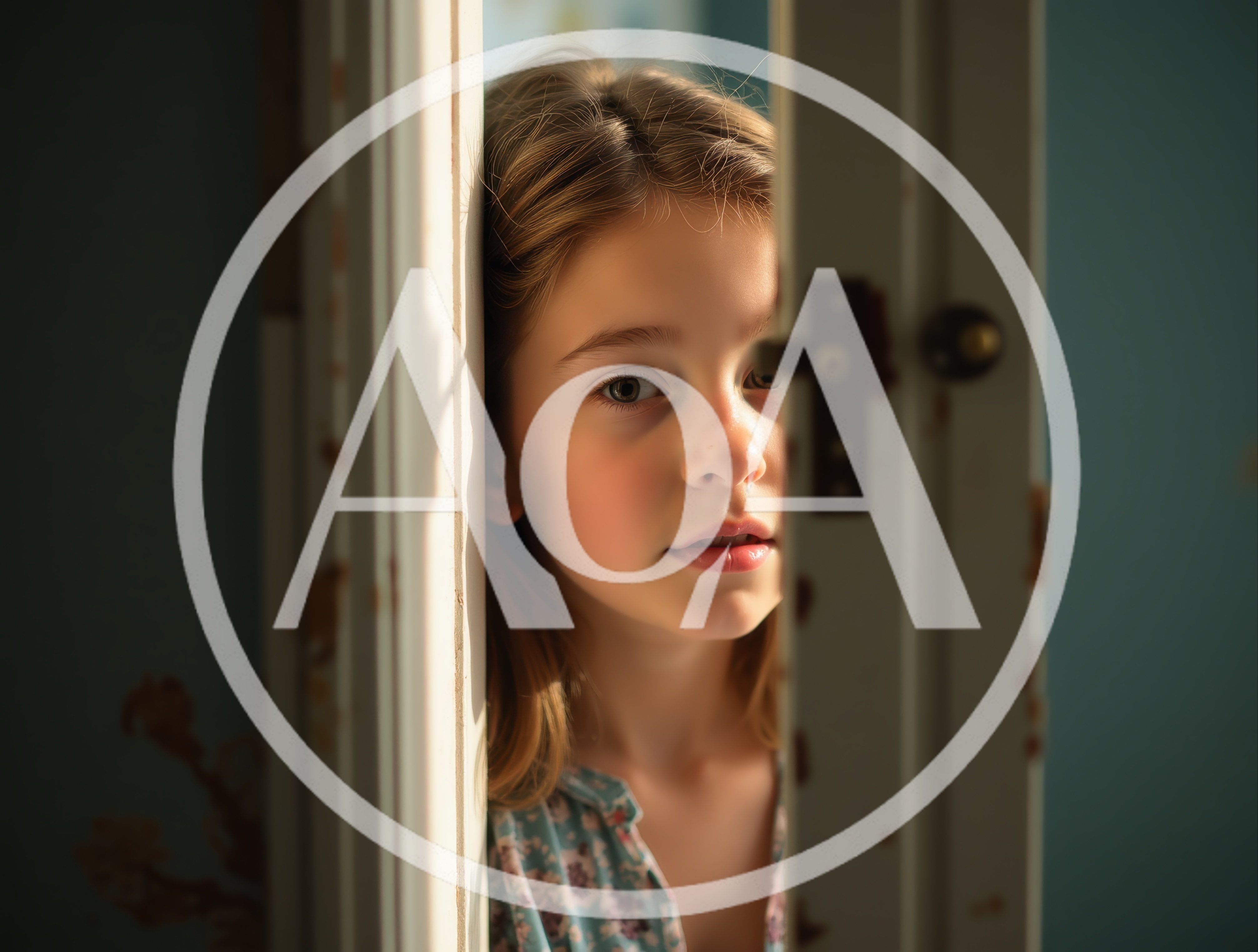 Curious child peeking through doorway in sunlight: childhood wonder and exploration