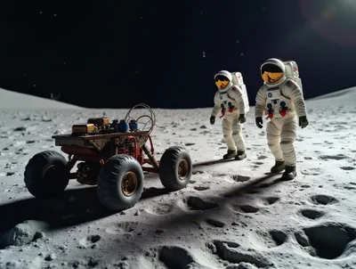 Astronauts Exploring Lunar Surface With Robotic Rover