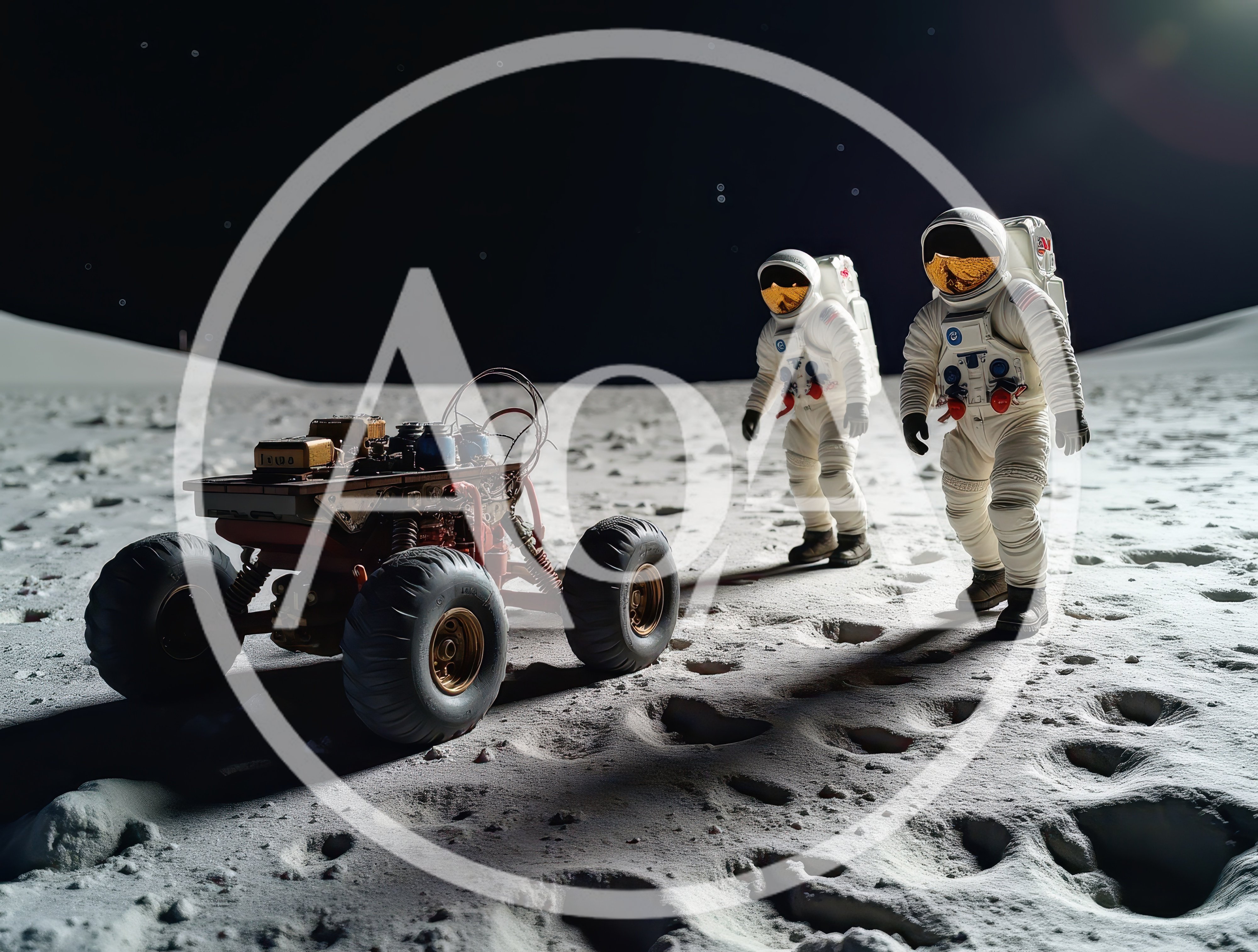 Astronauts Exploring Lunar Surface With Robotic Rover