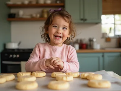 Happy Toddler Girl Baking Cookies In Kitchen