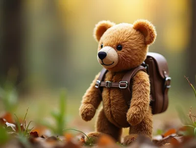 Teddy Bear With Backpack In Autumn Forest