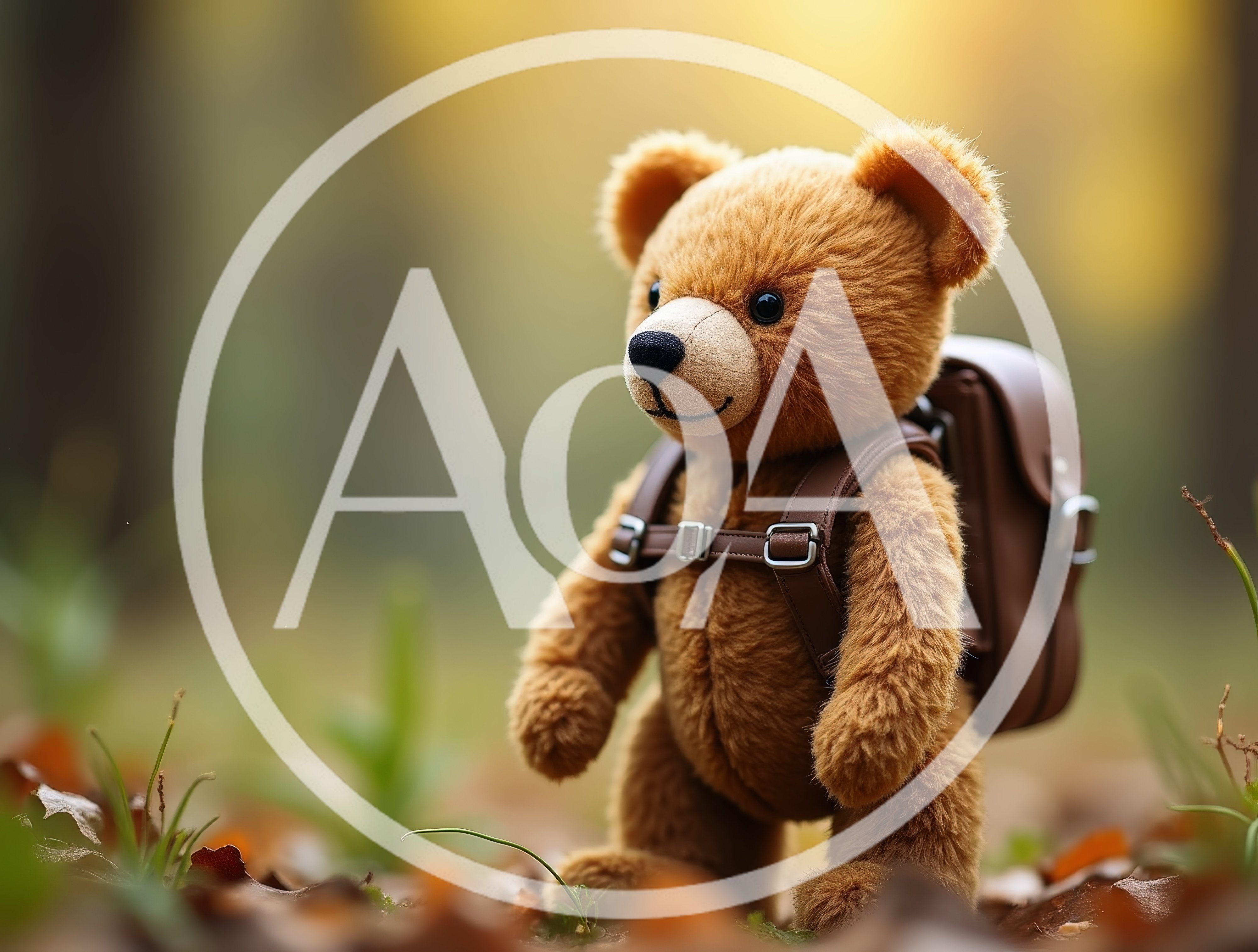 Teddy Bear With Backpack In Autumn Forest