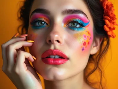 Portrait Of A Woman With Vibrant Floral Makeup