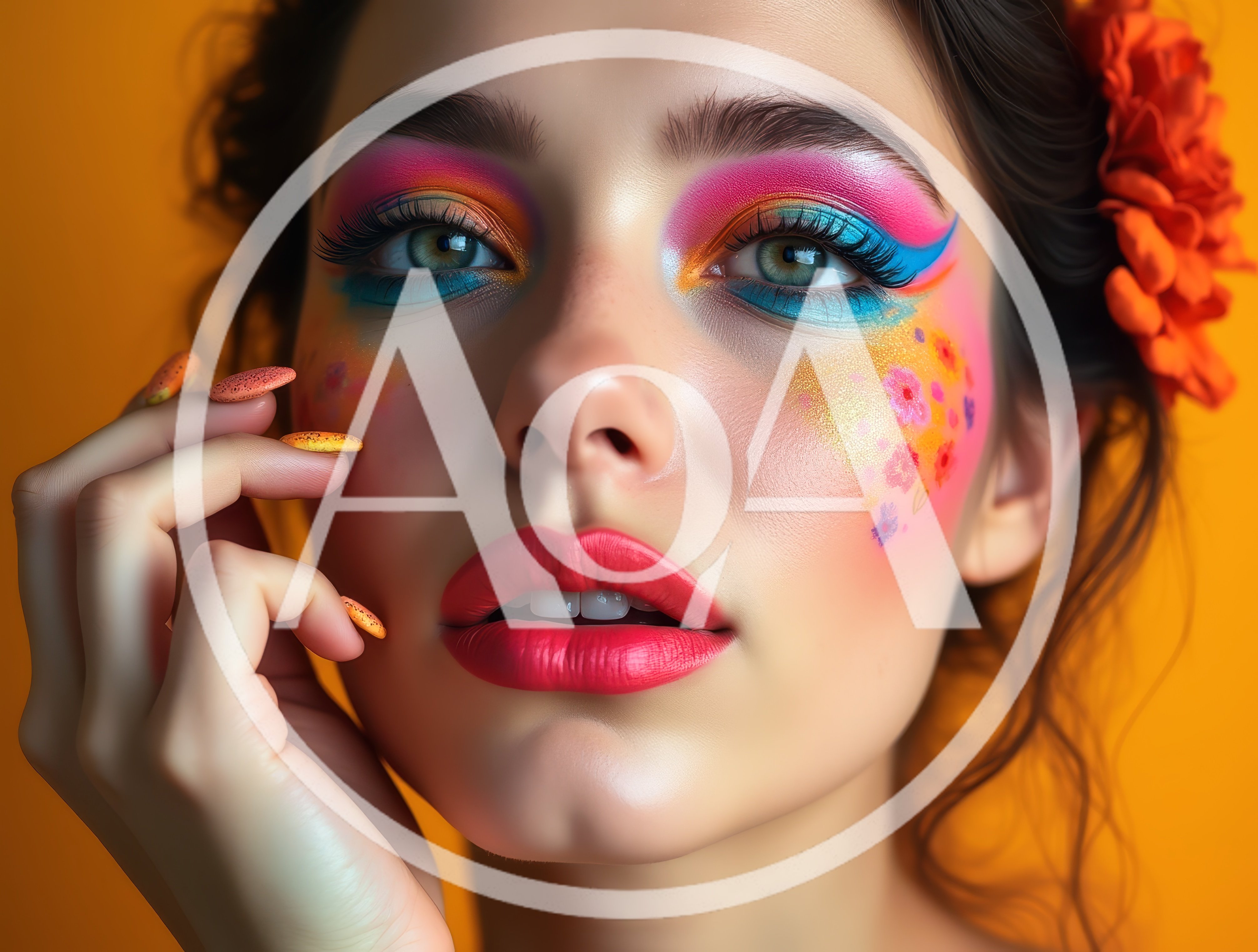 Portrait Of A Woman With Vibrant Floral Makeup