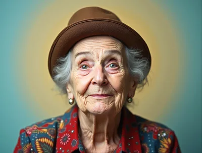 Portrait Of An Elderly Woman Wearing A Fedora