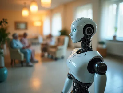 Humanoid Robot Standing In A Senior Care Facility