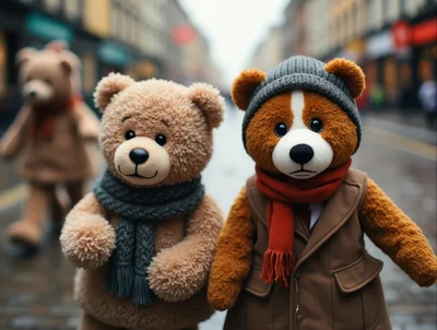 Two Teddy Bears Walking Down A City Street