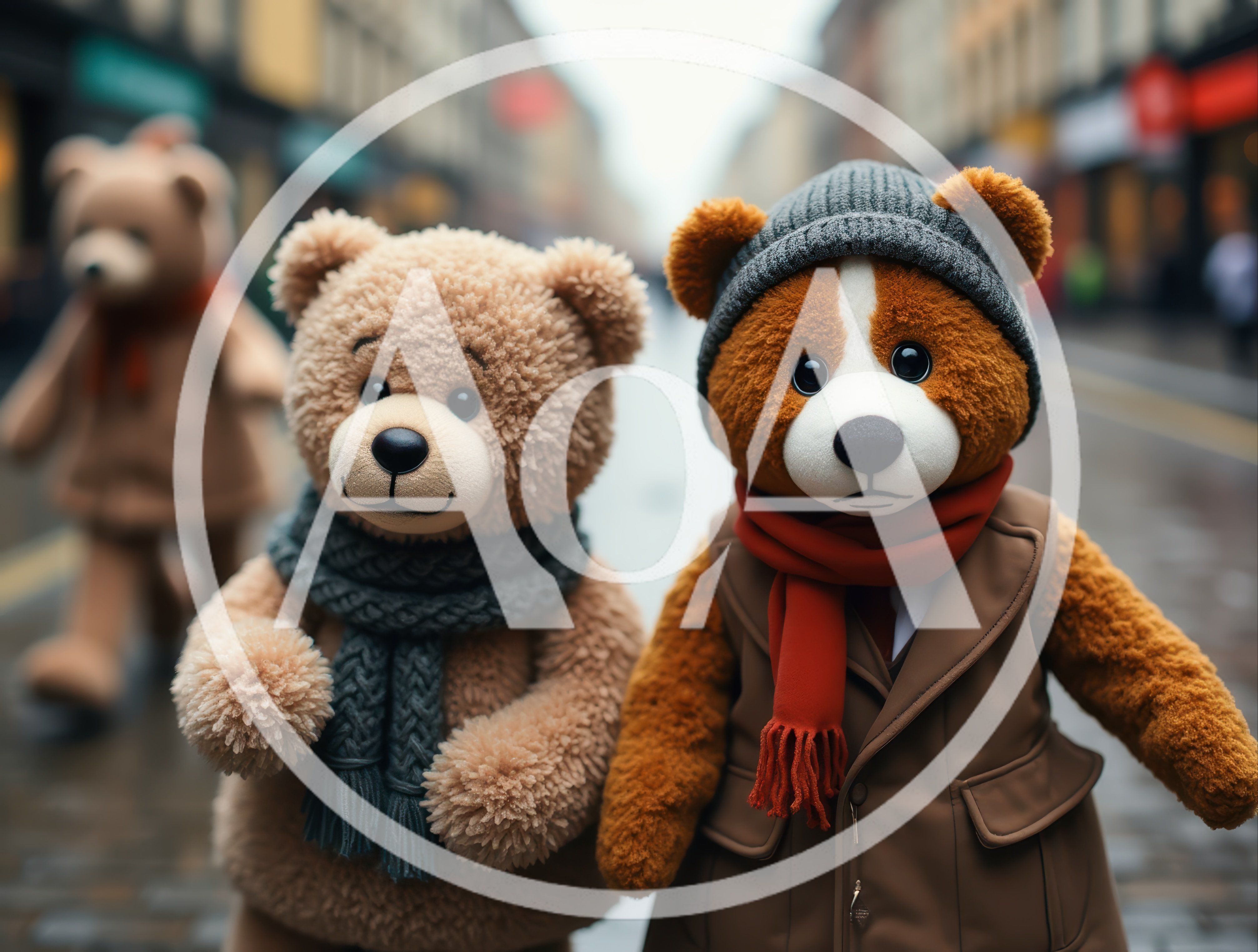 Two Teddy Bears Walking Down A City Street