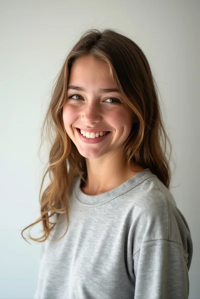 Portrait Of A Smiling Young Woman In Grey Shirt
