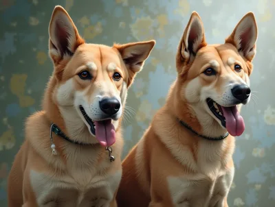 Two Happy Golden Dogs Sitting Together