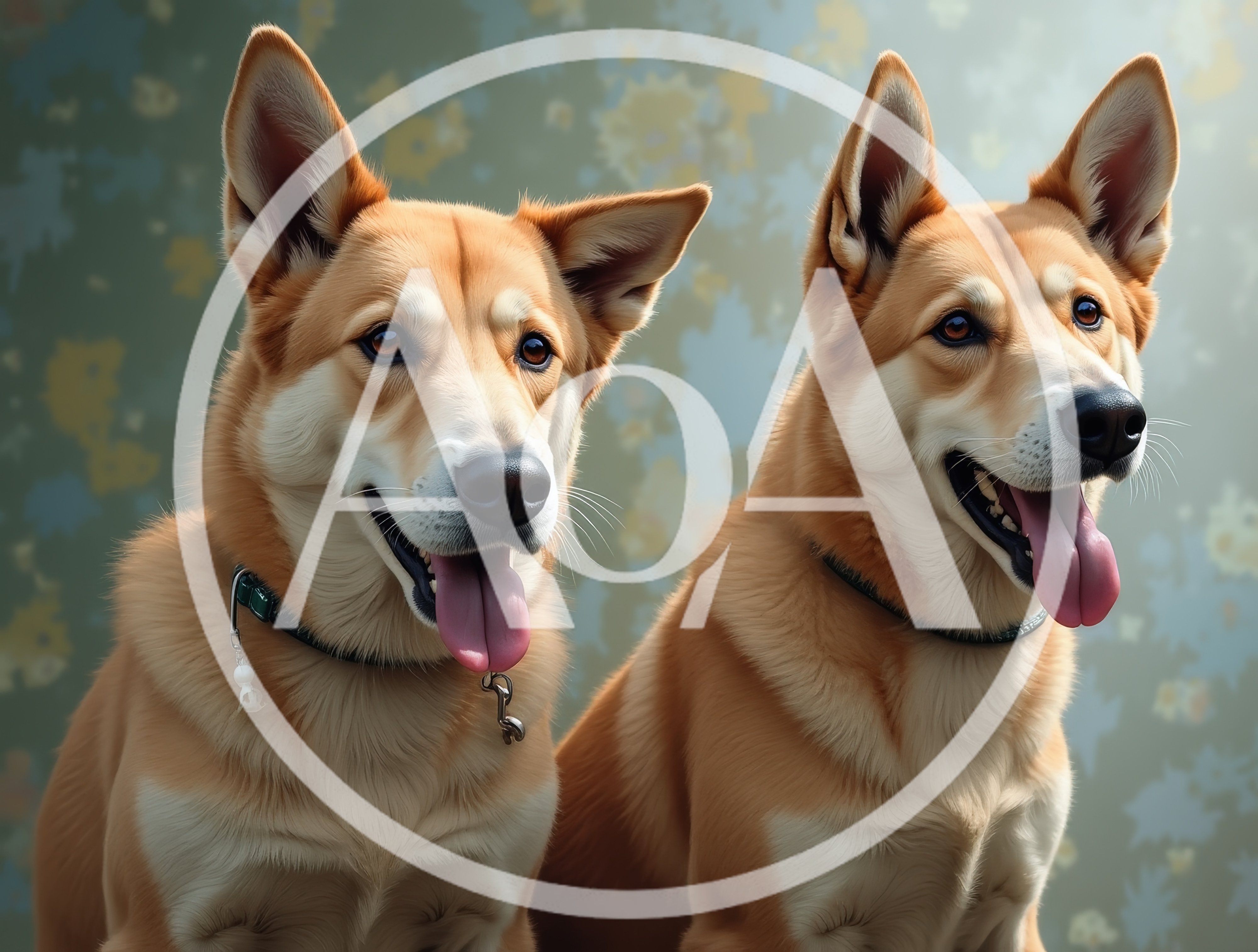 Two Happy Golden Dogs Sitting Together