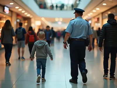 Police Officer Walking With A Young Boy In A Mall