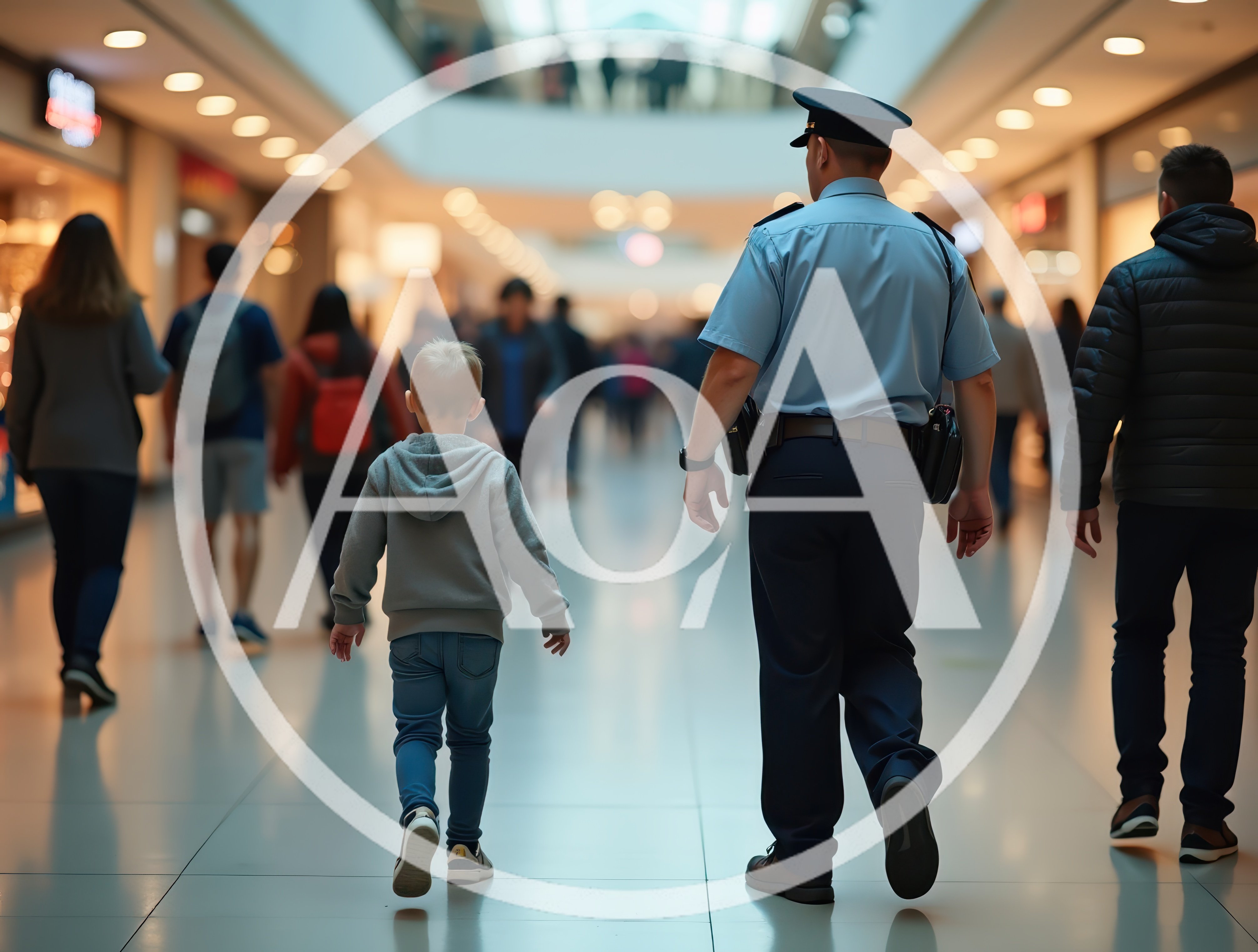 Police Officer Walking With A Young Boy In A Mall
