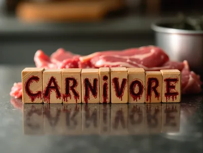 Wooden Blocks Spelling Carnivore With Blood Stains
